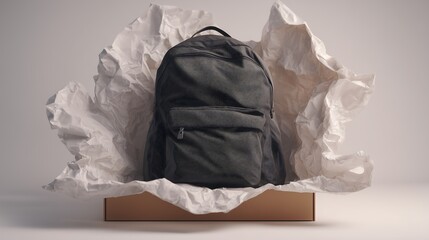 A backpack is sitting in a box with white paper. The backpack is black and has a checkered pattern