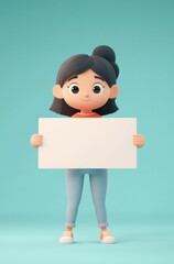 3D cartoon woman holding a whiteboard