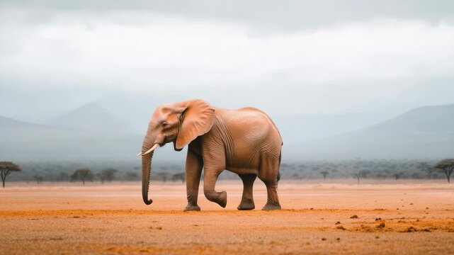 Large red elephant walking on the dry ground of the savannah with mountains in the background on a cloudy day, showcasing the beauty and power of african wildlife