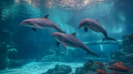 Obraz premium Graceful dolphins perform synchronized leaps above vivid coral in a lively underwater ballet.
