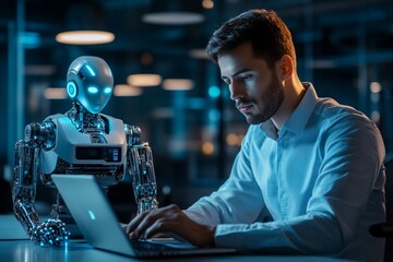 Businessmen and humanoid robot work on a project chat bot chatbot ai bot