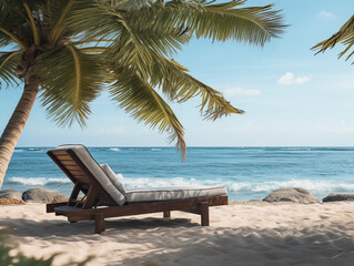 Lounge chair under palm tree on sunny beach