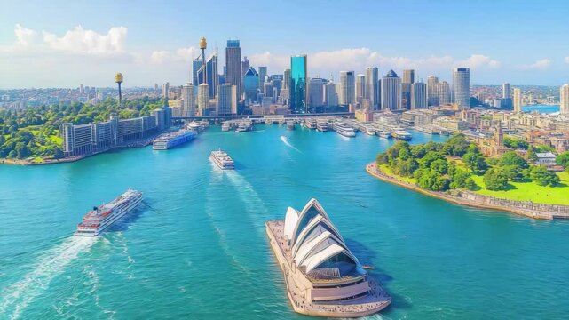 Beautiful city with a large body of water and a boat with the word "Oxy" on it