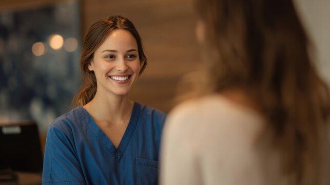 A friendly female receptionist in medical scrubs warmly greeting a casually dressed woman in a modern clinical front-office.
