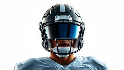 A close-up shot reveals a determined American football player wea a black helmet with a blue visor against a bright white background.