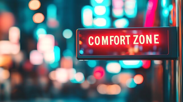 A glowing red sign reading "COMFORT ZONE" stands out against a vibrant, colorful city night background with blurred lights.