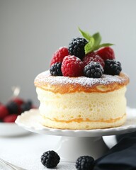 Japanese Souffl&eacute; Pancakes &ndash; Fluffy Stack with Berries and Powdered Sugar, Clean Background