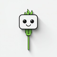Cheerful green character with smiling face and plant elements on a stick