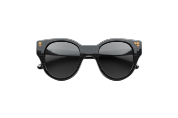 Round black sunglasses with pixelated mosaic frame and tiny orange accents in the corners, isolated on a transparent background