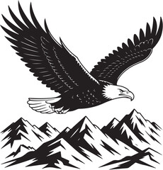 Eagle Soaring Above Snowy Mountains – Black and White Line Art Silhouette
