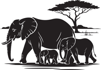 Elephant Family Silhouette in Motion – High-Contrast African Wildlife Vector © iconverse