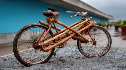 Fototapeta premium Rusted Bicycle Made of Wood and Metal with Broken Frame and Flat Tires on Concrete Surface