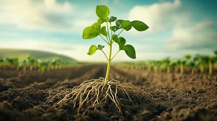 A young green seedling with exposed roots growing in soil, with a blue-sky and clouds background and other green plants in the distance.
