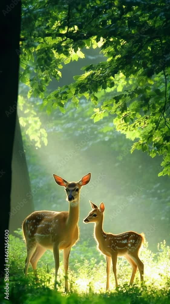 Aufkleber sunlight filters through leaves, illuminating a mother deer and her fawn standing in a serene forest