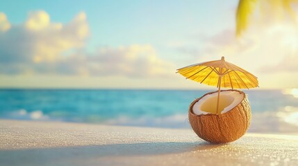 A coconut-based beverage with a tiny umbrella and straw placed on a sandy beach near the ocean, under a cloudless sky.