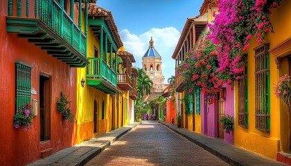 Fototapeta premium A colorful stone-paved street with vibrant buildings, green balconies adorned with flowers, potted plants, and a distant white building with a blue dome.