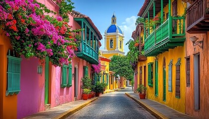 Fototapeta premium A colorful stone-paved street with vibrant buildings, green balconies adorned with flowers, potted plants, and a distant white building with a blue dome.