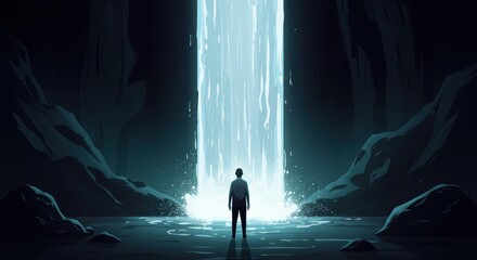 Fototapeta premium Solitude by a Majestic Waterfall: A Man Contemplates Nature's Grandeur