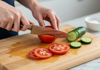 Hands slicing fresh tomatoes and cucumbers on a wooden board  