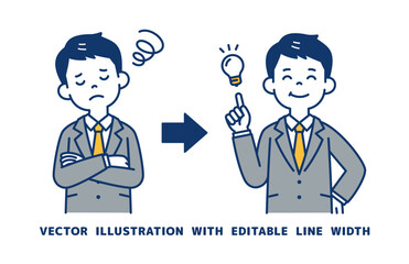 困ったを安心に変える、若いビジネスマンのベクターイラスト素材＿線幅の編集可能