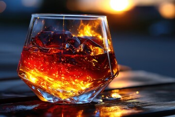 Faceted glass with amber liquid and ice on dark surface illuminated from behind with warm glow