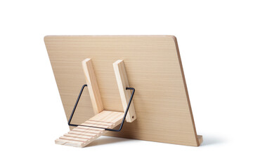 Back side of wooden stand for a book on white background, Reading stand