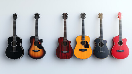 Fototapeta premium Neatly Arranged Guitars Displaying Simplicity and Harmony in Design, Aesthetic Musical Instrument Composition
