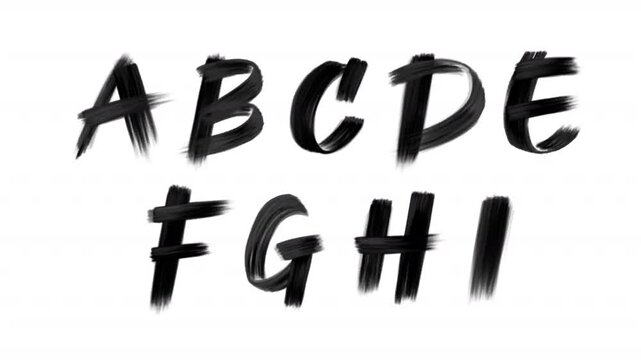 Black grunge paint brush stroke English alphabet. Scribble sketch doodle A-I typefaces. Hand drawn charcoal font letters on a transparent alpha channel.