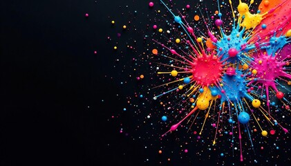 Funky multicolored splatter paint explosion on black, design, modern
