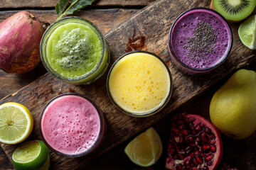 Colorful assortment of fresh fruit smoothies in glass jars arranged on rustic wooden surface, showcasing vibrant colors and healthy ingredients for a refreshing beverage experience