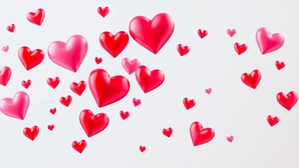 A whical scatte of glossy red and pink hearts floats on a bright white background perfect for Valentine's Day designs.