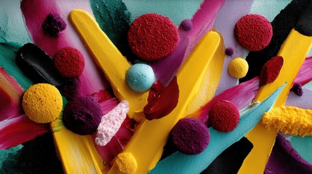 Abstract colorful art with textured paint splashes, foam spheres, and bold brush strokes in vibrant hues