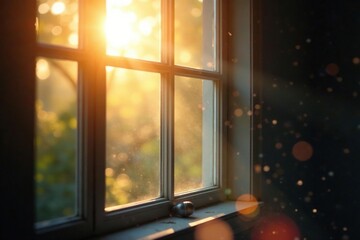 Sunlight streams through a bright window pane, illuminating dust motes , room, home, clear