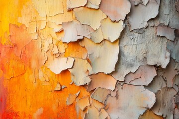 Fototapeta premium Close-up view of textured peeling bark with warm colors.