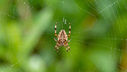 Macro nature close-up of a creepy hairy spider on its web