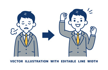 疲れた表情と元気になった表情の、若いビジネスマンのベクターイラスト素材＿線幅の編集可能