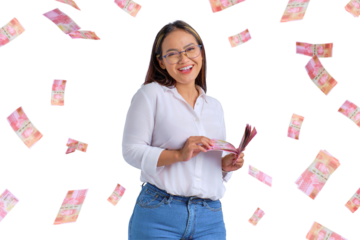 Happy young Asian woman counts money banknotes isolated on transparent background