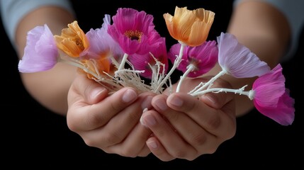 Close-up of vibrant colorful ginkgo flowers held gently in hands against dark background