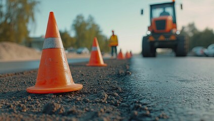 Road work cones marking a new lane.  Workers directing traffic