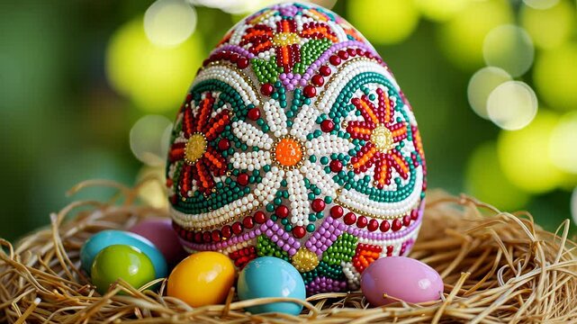 Colorful Easter egg decorated with beads on a natural nest  