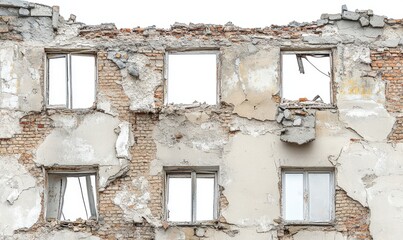 Fototapeta premium Dilapidated Building Facade Grey and Brown Ruined Wall with Empty Window Frames