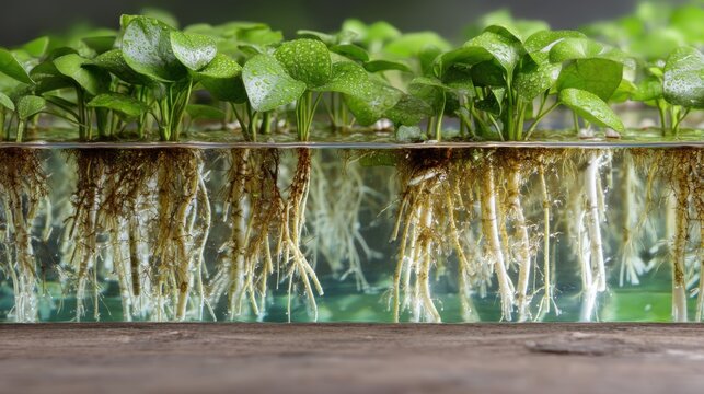 Hydroponic plants are thriving in a clear water medium, displaying vibrant green leaves and extensive root systems. The scene highlights the beauty of soilless cultivation methods