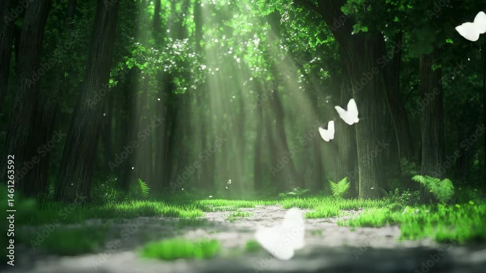 Poster Sunbeams are filtering through the trees in a lush green forest, creating a magical and enchanting atmosphere with vibrant green grass and ferns growing along the path