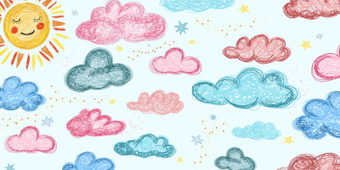 Vector illustration with clouds and sun in cartoon style
