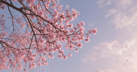 Obraz premium Floating pink sakura petals against a soft, muted pastel sky , flower, calm, romantic