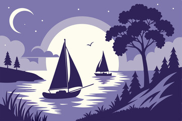 Naklejka premium 51 Moonlit seascape, silhouette sailboats, purple and blue tones, ethereal atmosphere, calm waters, reflection, stylized clouds, minimalist design, dreamy night scene, full moon with craters, geometri