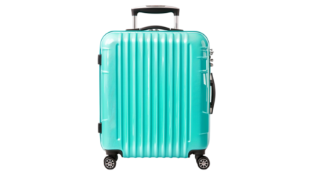 Png of A sleek turquoise hard-shell suitcase, perfect for travel, featuring a telescopic handle and spinner wheels for easy maneuverability.