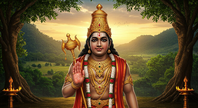Lord Ayyappa in Serene Landscape