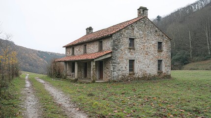 Fototapeta premium Stone house stands in a field, sky above