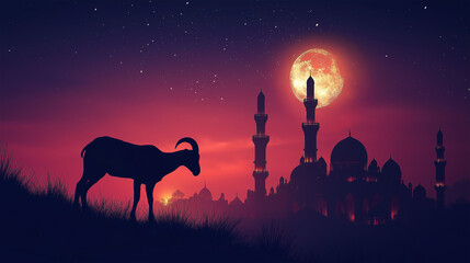 Silhouette of a crescent moon and a goat against a colorful sky at sunset, with the silhouette of a mosque, a Ramadan concept background. Silhouettes for Ramadan or the Muslim holy month